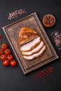 Delicious smoked ham or chicken meat with salt, spices and french mustard Royalty Free Stock Photo