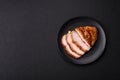 Delicious smoked ham or chicken meat with salt, spices and french mustard Royalty Free Stock Photo