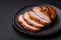 Delicious smoked ham or chicken meat with salt, spices and french mustard Royalty Free Stock Photo