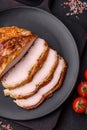 Delicious smoked ham or chicken meat with salt, spices and french mustard Royalty Free Stock Photo