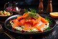 Delicious Smoked Salmon served with a Creamy and Flavorful Fish Sauce, berries and dill on plate, Ai Generated