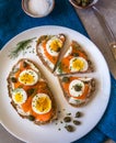 Delicious smoked salmon sourdough toast with goat cream cheese and cut boiled egg, garnished with dill, chives & pickled Capers Royalty Free Stock Photo