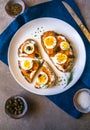 Delicious smoked salmon sourdough toast with goat cream cheese and cut boiled egg, garnished with dill, chives & pickled Capers Royalty Free Stock Photo