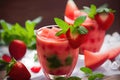 Delicious smoothie garnished with strawberries in glass. Generative Ai