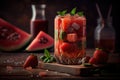 Delicious smoothie garnished with strawberries in glass. Generative Ai