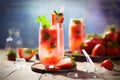 Delicious smoothie garnished with strawberries in glass. Generative Ai