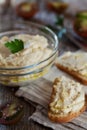 Delicious snack from crostini with chicken pate or paste and tomatoes Royalty Free Stock Photo