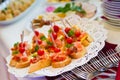 Delicious snack dishes on buffet table at party banquet, catering service at open air party