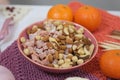 delicious snack nuts dried fruits and tangerines on the table sweets good presentation healthy self-care treats for