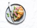 Delicious snack - salami sausage, cream cheese, green salad  croissant sandwich on a light background, top Royalty Free Stock Photo