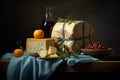 Delicious snacks with cheese, fruits and wine. Different Cheeses isolated on dark background