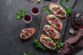 Delicious snacks, sandwiches, crostini, canape, antipasti for party or picnic time. Royalty Free Stock Photo