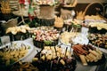 Delicious snacks at wedding reception, close up, catering service