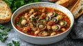 Delicious Snail Stew in Bowl, Bread, Herbs Royalty Free Stock Photo