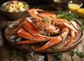 Delicious snow crab leg clusters on wooden table