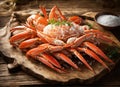 Delicious snow crab leg clusters on wooden table