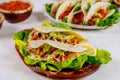 Delicious soft tortillas with salad and meat. Mexican cuisine Royalty Free Stock Photo