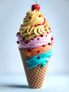 Soft ice cream in a waffle cone with different colorful flavors and fruits, generative ai Royalty Free Stock Photo