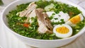 Delicious sorrel soup with boiled eggs on a bowl Royalty Free Stock Photo