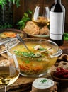 Delicious soup with quail, chicken, noodles, vegetables, greens in glass pan served with sour cream, wooden board, glasses, bottle Royalty Free Stock Photo