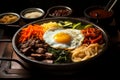 Delicious south korean bibimbap. mixed rice dish with savory meat and assorted vegetables Royalty Free Stock Photo