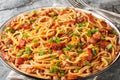 Delicious spaghetti with bacon, minced meat, cheddar cheese, onion and spicy tomato sauce close-up in a plate on the table. Royalty Free Stock Photo