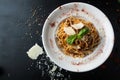 Delicious spaghetti bolognese with cheese and spices and meat Royalty Free Stock Photo