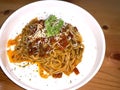 Delicious Spaghetti Bolognese, Pasta with meat, tuna, and tomato sauce and vegetables Royalty Free Stock Photo