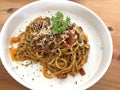 Delicious Spaghetti Bolognese, Pasta with meat, tuna, and tomato sauce and vegetables Royalty Free Stock Photo