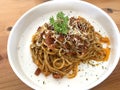 Delicious Spaghetti Bolognese, Pasta with meat, tuna, and tomato sauce and vegetables Royalty Free Stock Photo