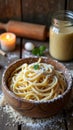 Delicious spaghetti bucatini pasta with parmesan cheese and basil in rustic setting Royalty Free Stock Photo