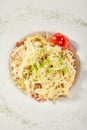 Delicious spaghetti carbonara with grated parmesan cheese Royalty Free Stock Photo