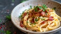 Delicious spaghetti carbonara served on a rustic plate Royalty Free Stock Photo