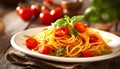 Delicious spaghetti with fresh tomato sauce and basil Royalty Free Stock Photo