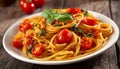 Delicious spaghetti with fresh tomato sauce and basil Royalty Free Stock Photo