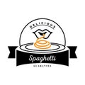 Delicious spaghetti logo with mouth eat noodle on dish