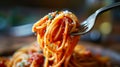 Delicious spaghetti with Marinara parmesan herbs and herbs on a fork. Close up shot visible texture. Traditional Italian cuisine
