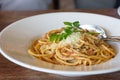 Delicious spaghetti with meat on white plate