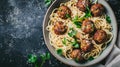 Delicious Spaghetti with Meatballs and Parmesan on Dark Background