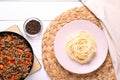 Delicious spaghetti, minced meat with carrot and pepper on white wooden table, flat lay Royalty Free Stock Photo