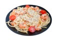 Delicious Spaghetti pasta with prawns on black plate Royalty Free Stock Photo