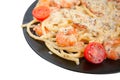 Delicious Spaghetti pasta with prawns on black plate Royalty Free Stock Photo