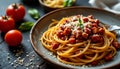 Delicious spaghetti with tomato sauce, garnished with cheese and basil, evokes warm, inviting atmosphere Royalty Free Stock Photo