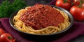 Delicious spaghetti topped with a tomato caper sauce in a bowl, kitchen setting Royalty Free Stock Photo