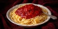 Delicious spaghetti topped with a tomato caper sauce in a bowl, kitchen setting Royalty Free Stock Photo