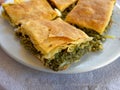 Delicious `spanakopita` traditional Greek spinach and feta pie portions