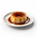 Delicious Spanish Flan with Caramel Sauce on a Plate Isolated on White Background .