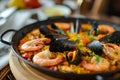 Delicious Spanish paella highlighting mussels and shrimps