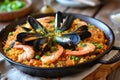 Delicious Spanish paella highlighting mussels and shrimps