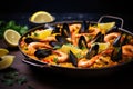 Delicious Spanish paella highlighting mussels and shrimps